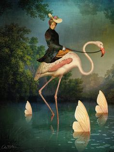 a painting of a woman riding on the back of a flamingo