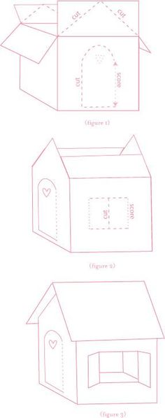 three drawings of the same house, one with a roof and one with a door