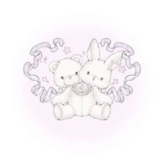 two white teddy bears sitting next to each other with ribbons around them on a pink background