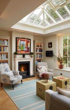 a living room filled with furniture and a fire place in the middle of a room