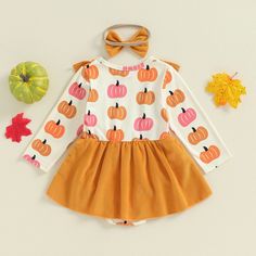 This darling outfit is a must-have for your little one this autumn! Our PUMPKIN Corduroy Overall Dress is both cute and cozy, featuring a long-sleeved romper with charming pumpkin prints and a coordinating headband. Your baby girl will look and feel stylish and warm. Pumpkin Dresses, Baby Girl Pumpkin Patch Outfit, Pumpkin Dress For Kids, Baby Pumpkin Outfit, Toddler Halloween Outfits, Baby Girl Halloween Outfit, Summer Outfit Accessories, Halloween Romper, Corduroy Overall Dress