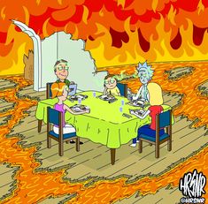 a family sitting at a table in front of a fire that is raging down the wall