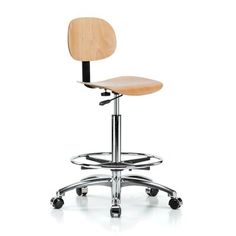 an office chair that is on wheels and has a wooden seat with metal base,