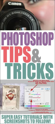 a woman holding up a camera with the words photoshop tips and tricks