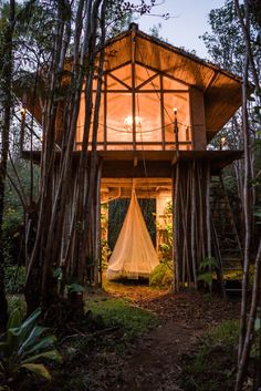 a tree house in the middle of some trees with a white net hanging from it's roof