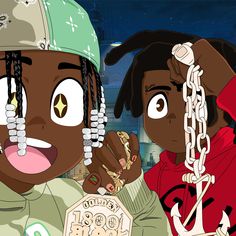 two cartoon characters with chains around their necks, one holding the other's hand