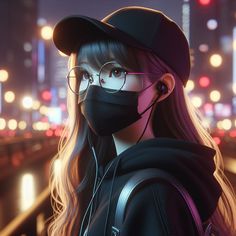 a woman wearing a face mask and glasses in front of a cityscape at night