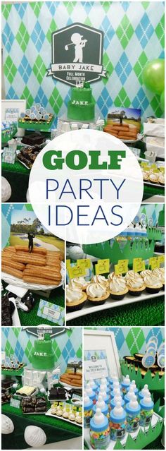 a golf party with green and white decorations, cupcakes and desserts on the table