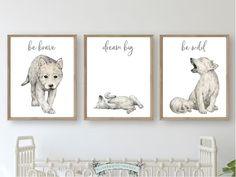 three framed pictures of animals on the wall in a baby's room with a crib