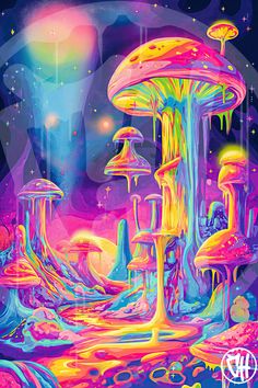 Hq psychedelic wall art. watermarks removed upon download. Trippy Neon Art Prints, Sensory Art Mushroom, Eyestrain Art, Neon Colour Palette, Trippy Wall, Mushroom Wallpaper, Trippy Designs, Black Light Posters, Trippy Wallpaper