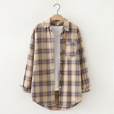 Women's Shirt Long Sleeve Lapel Plaid Shirt Beige Casual Collar Top For Fall, Plaid Top With Casual Collar For Spring, Fall Shirt With Relaxed Fit And Casual Collar, Spring Plaid Top With Casual Collar, Collared Beige Shirt For Fall, Trendy Casual Collar Shirt For Fall, Beige Cotton Shirt For Fall, Fall Beige Top With Spread Collar, Casual Beige Long Sleeve Flannel Shirt