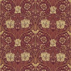 an intricately designed wallpaper with flowers and leaves in red, beige and gold colors