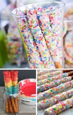 colorful sprinkles are arranged in glass vases and on the table with other items