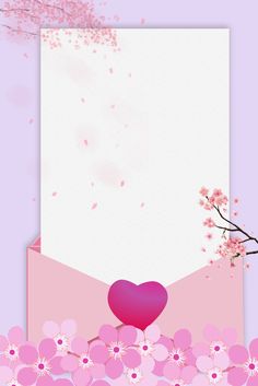 an envelope with a heart on it and pink flowers around the envelope is surrounded by cherry blossoms