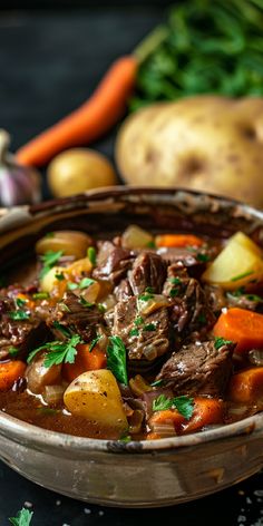 a bowl filled with beef stew and carrots on top of a black table next to potatoes