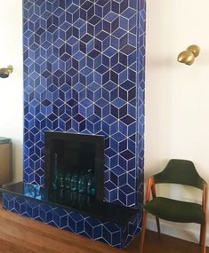 mid century modern fireplace tile Modern Fireplace Tiles, Blue Wall Tiles, Art Deco Entryway, Subway Tile Herringbone, Ceramic Fireplace, Mid Century Modern Fireplace, Blue Tile Wall, Entryway Tile