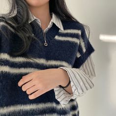 Vintage Striped Oversized Knitted Vest Navy Casual Sweater Vest For Fall, Oversized Knitted Vest, Female Style, Knitted Vest, Vintage Casual, Jacket Outfits, Apricot, Style Vintage, Free Size