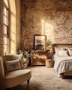 a bedroom with brick walls and stone floors