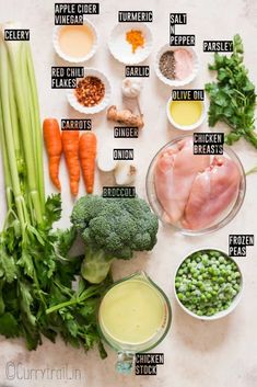 the ingredients to make chicken broth laid out on a white surface with text overlay