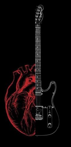 an electric guitar with a red heart on it's body in the dark background