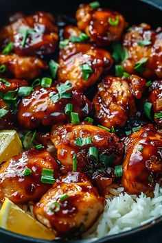 chicken wings and rice in a skillet with lemon wedges