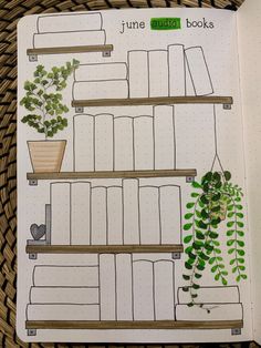 an open book with plants and bookshelves on it