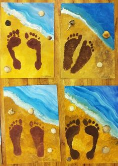 four pictures of footprints and seashells painted on the sand with shells around them