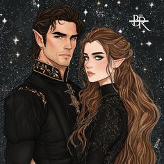 a man and woman standing next to each other in front of the night sky with stars