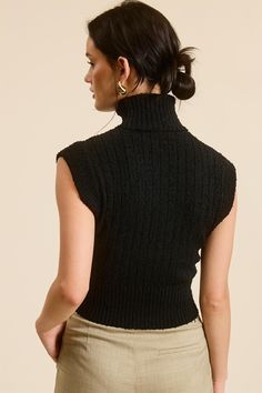 Contrast ribbed pattern on neckline, cap sleeves, and hem Sleeveless Turtleneck Fitted Cable Knit Turtleneck Top, Fitted Solid Color Cable Knit Top, Fitted Ribbed High Neck Sweater Vest, Fitted Ribbed High-neck Sweater Vest, Fitted High Neck Ribbed Sweater Vest, Fitted Sleeveless Cable Knit Top, Fitted High Neck Cable Knit Top, Chic Fitted Cable Knit Sweater Vest, Fitted Solid Color Ribbed Sweater Vest