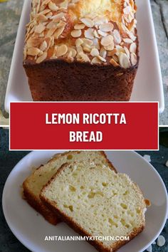 lemon ricotta bread on a white plate next to a loaf of bread with almonds