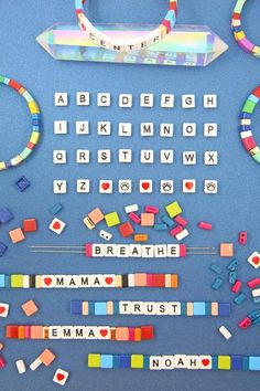 the letters and numbers are made up of different colors, shapes, and sizes to spell out words