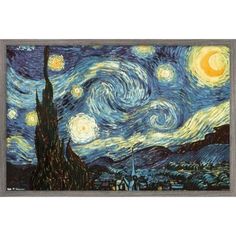 the starry night painting is shown in blue and yellow