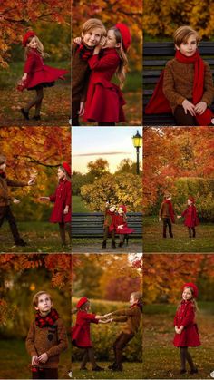 two children in red coats are playing with each other on a park bench and some trees