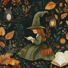 cozy illustration of an autumnal witchy wallpaper . green and warm colors. Beatrix Potter style Autumn Cat Illustration, Beatrix Potter Wallpaper, Cozy Illustration, Autumn Cat, Halloween Green, Anime Magic, Witchy Art, Fantasy Life, Witchy Wallpaper