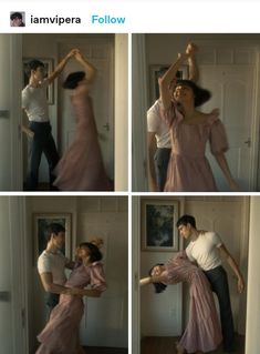 four different pictures of a man and woman dancing in front of a door with their arms around each other