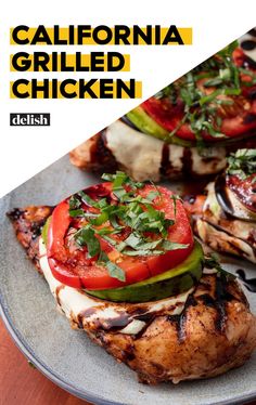 grilled chicken on a plate with tomatoes, peppers and other vegetables next to the caption california grilled chicken delish