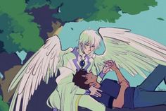 an anime scene with two people and one is being hugged by an angel who appears to be holding another person