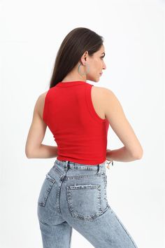 Red V-neck Cotton Vest, Red Cropped Fitted Tank Top, Red Fitted Cropped Tank Top, Red Casual Sleeveless Blouse, Casual Red Sleeveless Blouse, Casual Red Tank Crop Top, Casual Red Sleeveless Top, Red Fitted Casual Camisole, Red Sleeveless Stretch Crop Top