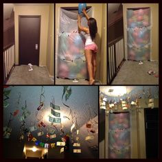 a collage of photos showing the process of making a wall decoration with balloons and streamers