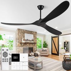 a living room with a ceiling fan and remote control