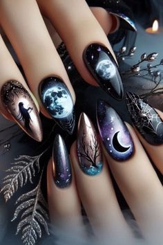 Unleash your inner sorceress with these bewitching nail designs! From gothic black to shimmering crystals, these witchy nails will add a touch of magic to your look. #witchynails #nailart #magicnails Dark Fairy Nails, Fairy Nails Designs, Sparkle Bottle, Gothic Nail Art, Fairy Nails, Mystical Symbols, Old Nail Polish, Modern Mystic, Witch Nails