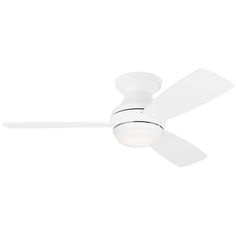 a white ceiling fan with two lights on it's sides and one light on the other