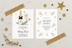 two cards with gold glitter and champagne glasses on them