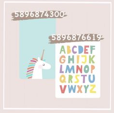 the unicorn is looking at his own letters and numbers in this alphabet poster, which has been drawn by hand