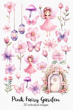 pink fairy garden clipart set with flowers, mushrooms and fairy figurines in watercolor