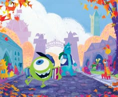 the monsters are walking down the street in front of some buildings and trees with leaves on them