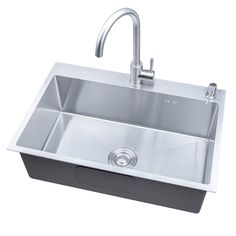 a stainless steel kitchen sink with faucet and two faucets on the side