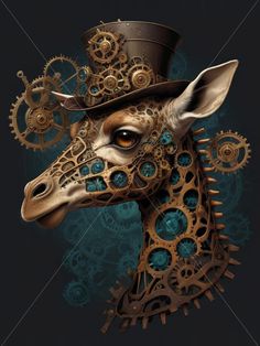 a giraffe wearing a top hat with gears on it