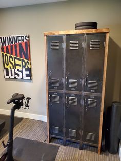 the lockers are next to each other in the room with a scooter