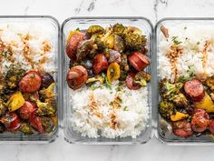 three plastic containers filled with rice, sausage and broccoli next to each other